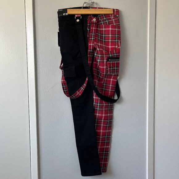 Hot Topic Denim Stinger Mens Size 28x30 Red Plaid Black Suspender Split Y2K Jean - Picture 6 of 7